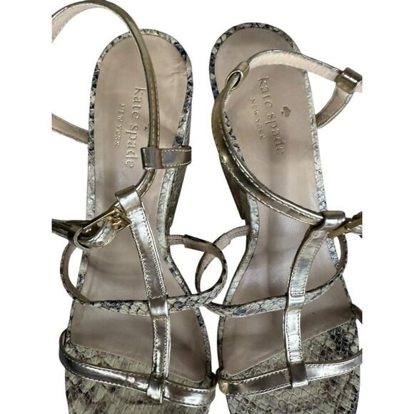 Kate Spade Venezia Snake Print Platform Sandals 7.5M Metallic Leather Italy - Picture 10 of 11
